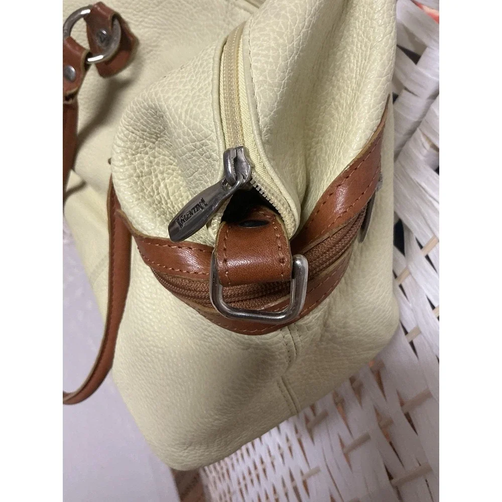 Valentina Made in Italy Yellow Pebbled Leather Handbag Brown Trim Satchel Purse
